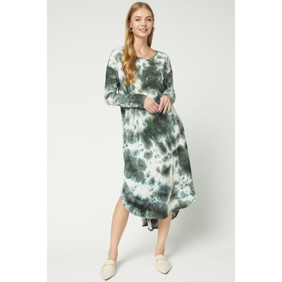 Entro Tie Dye Ribbed Pocket Midi Dress, Olive - Picture 2 of 6